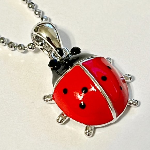 Silver Red Ladybug Pendant Necklace Crystal Plated 17" Chain Insect Enamel - Picture 4 of 11